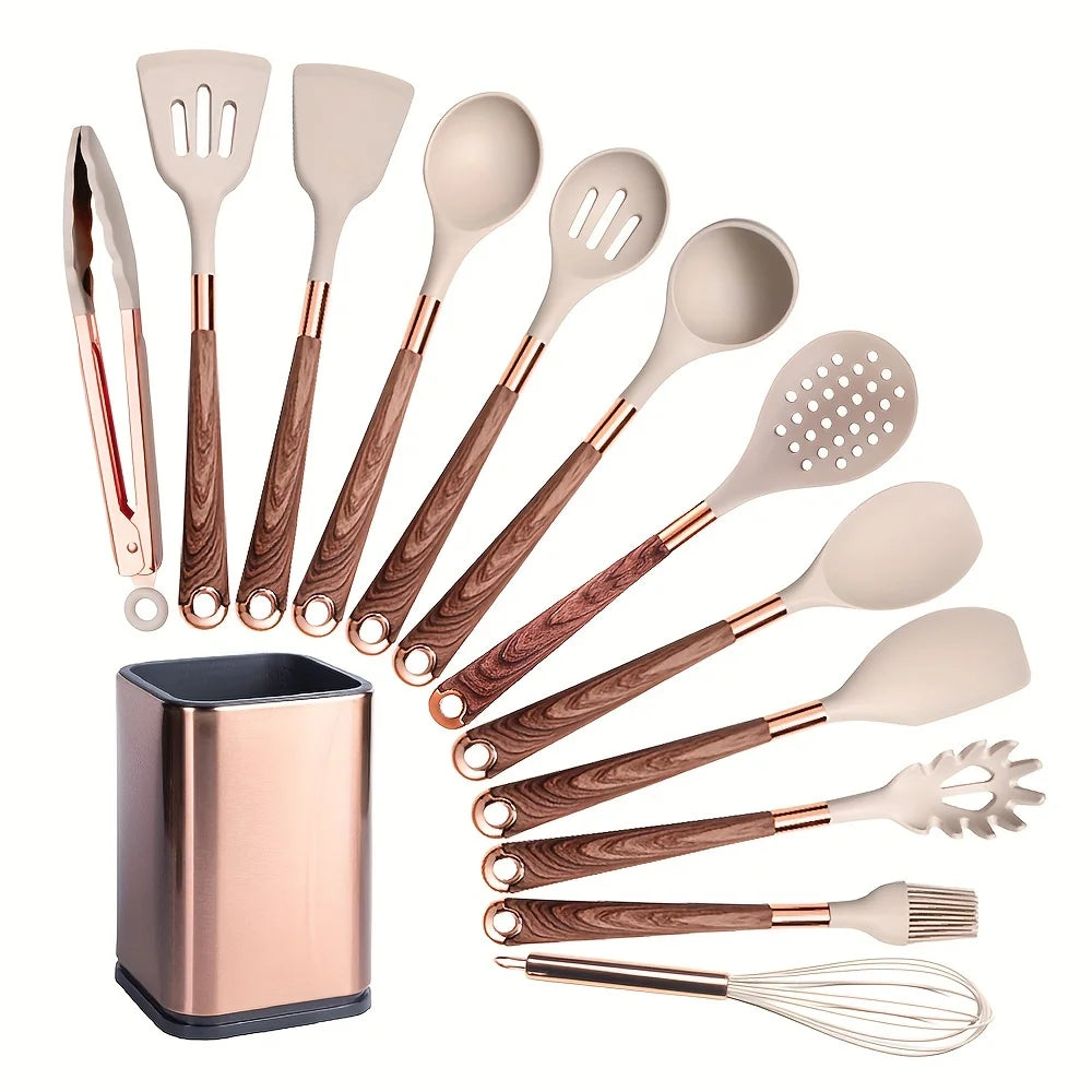 Silicone Cooking Utensils Set Kitchen Non-Stick Tool Gold Plated Handle Gadgets BPA FREE Kitchenware Heat Resistant Spatula Set