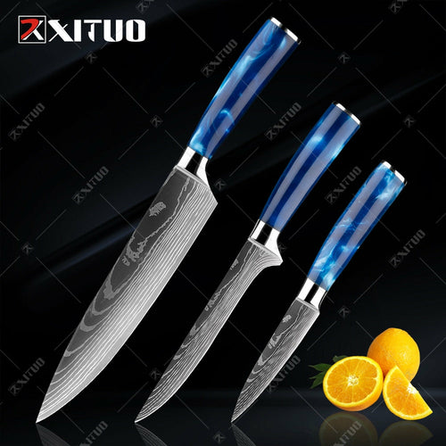 XITUO kitchen knives Set Exquisite blue resin handle Laser Damascus pa