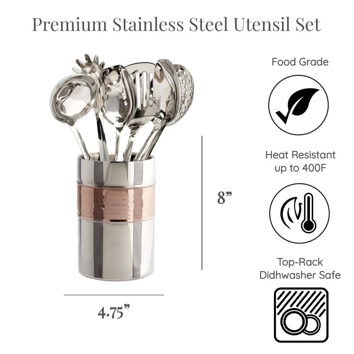 7-Piece Stainless Steel Hammered Utensil Set with Chic Caddy