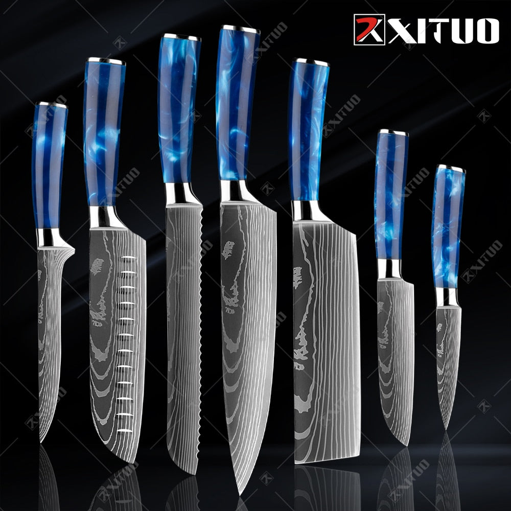 XITUO kitchen knives Set Exquisite blue resin handle Laser Damascus pa