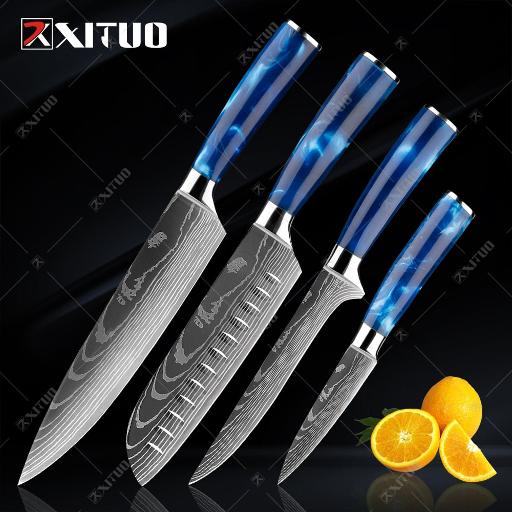 XITUO kitchen knives Set Exquisite blue resin handle Laser Damascus pa