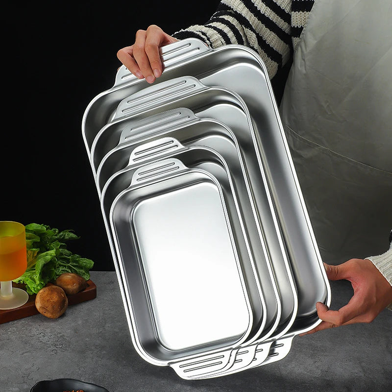 304 Stainless Steel Rectangular Baking Pan With Handle Non-Stick Kitchen Fruit Bread Pastry Deepening Food Bake Tray Bakeware