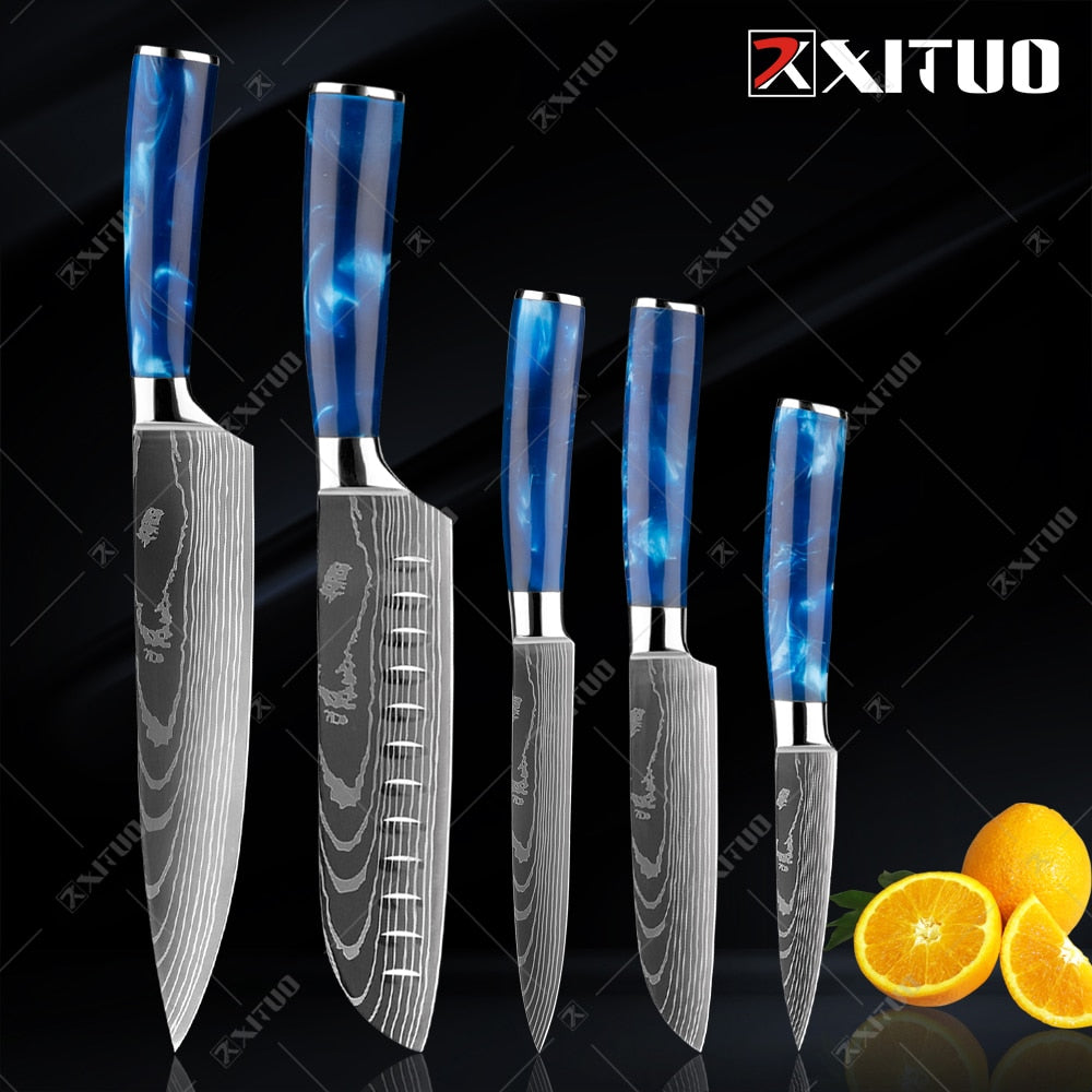 XITUO kitchen knives Set Exquisite blue resin handle Laser Damascus pa