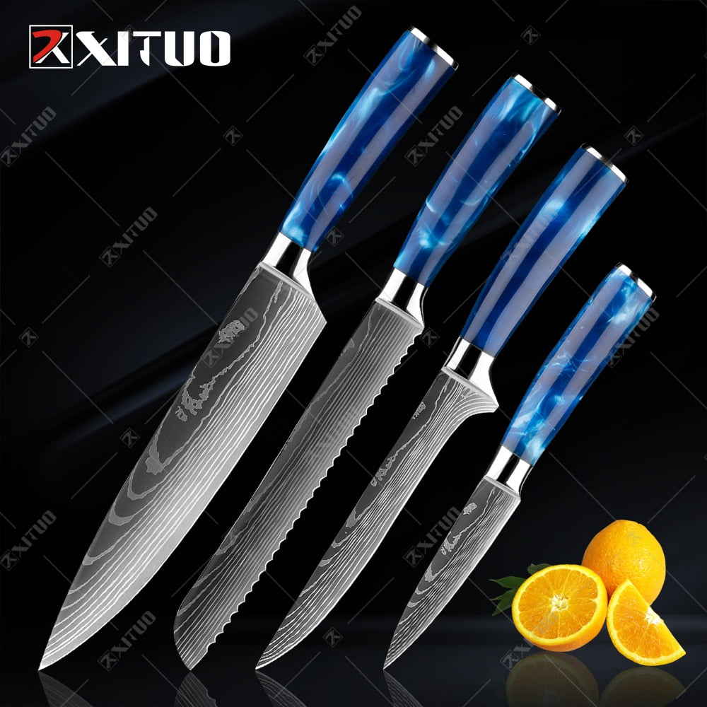 XITUO kitchen knives Set Exquisite blue resin handle Laser Damascus pa