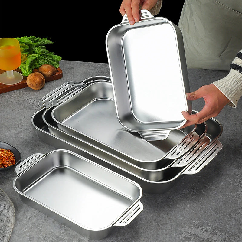 304 Stainless Steel Rectangular Baking Pan With Handle Non-Stick Kitchen Fruit Bread Pastry Deepening Food Bake Tray Bakeware