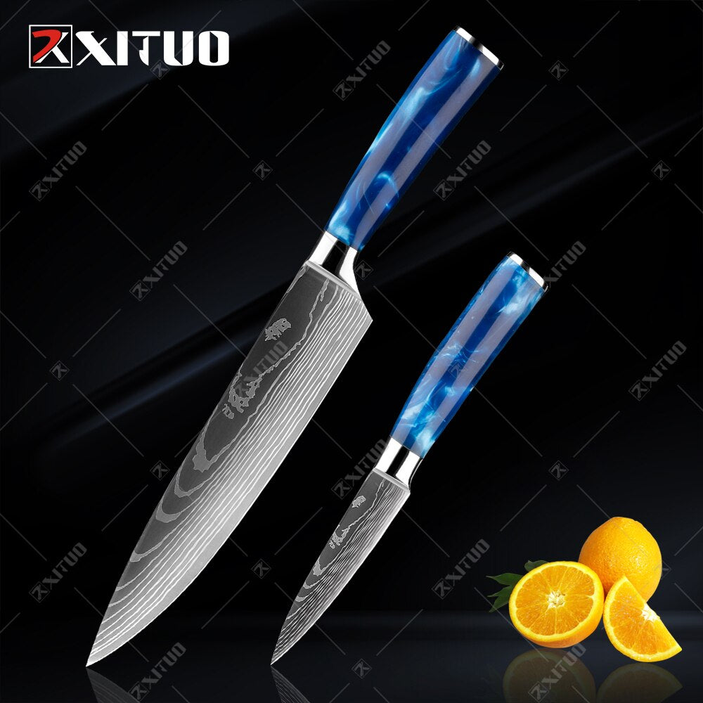 XITUO kitchen knives Set Exquisite blue resin handle Laser Damascus pa