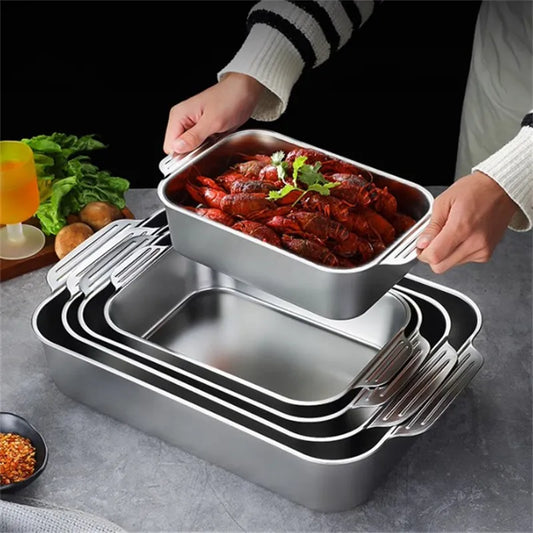 304 Stainless Steel Rectangular Baking Pan With Handle Non-Stick Kitchen Fruit Bread Pastry Deepening Food Bake Tray Bakeware