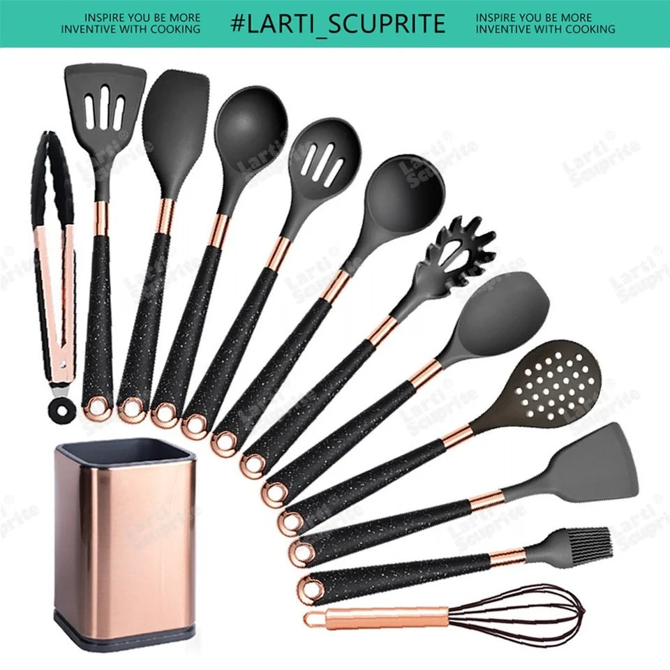 Silicone Cooking Utensils Set Kitchen Non-Stick Tool Gold Plated Handle Gadgets BPA FREE Kitchenware Heat Resistant Spatula Set