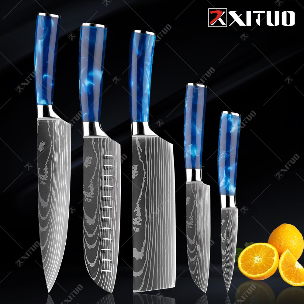 XITUO kitchen knives Set Exquisite blue resin handle Laser Damascus pa