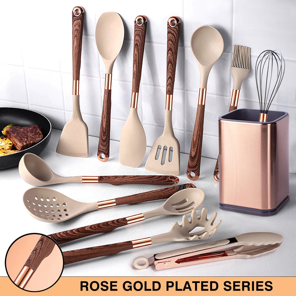 Silicone Cooking Utensils Set Kitchen Non-Stick Tool Gold Plated Handle Gadgets BPA FREE Kitchenware Heat Resistant Spatula Set