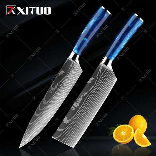 XITUO kitchen knives Set Exquisite blue resin handle Laser Damascus pa