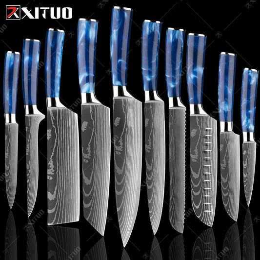 XITUO kitchen knives Set Exquisite blue resin handle Laser Damascus pa