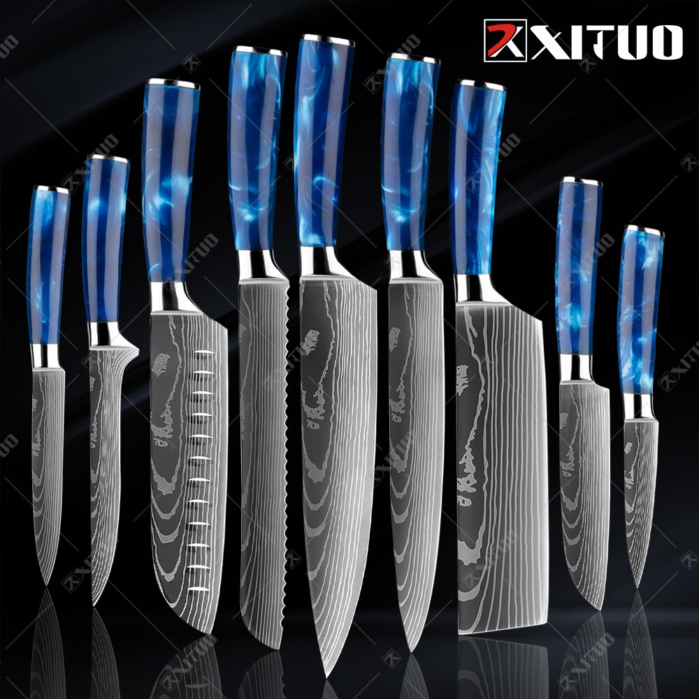 XITUO kitchen knives Set Exquisite blue resin handle Laser Damascus pa