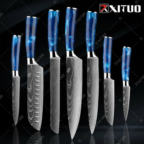 XITUO kitchen knives Set Exquisite blue resin handle Laser Damascus pa