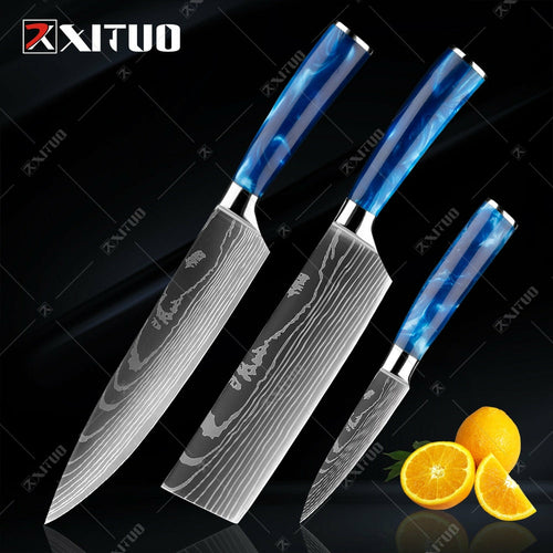 XITUO kitchen knives Set Exquisite blue resin handle Laser Damascus pa