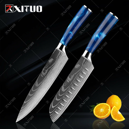 XITUO kitchen knives Set Exquisite blue resin handle Laser Damascus pa