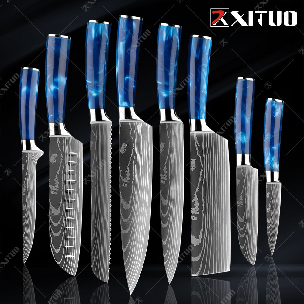 XITUO kitchen knives Set Exquisite blue resin handle Laser Damascus pa