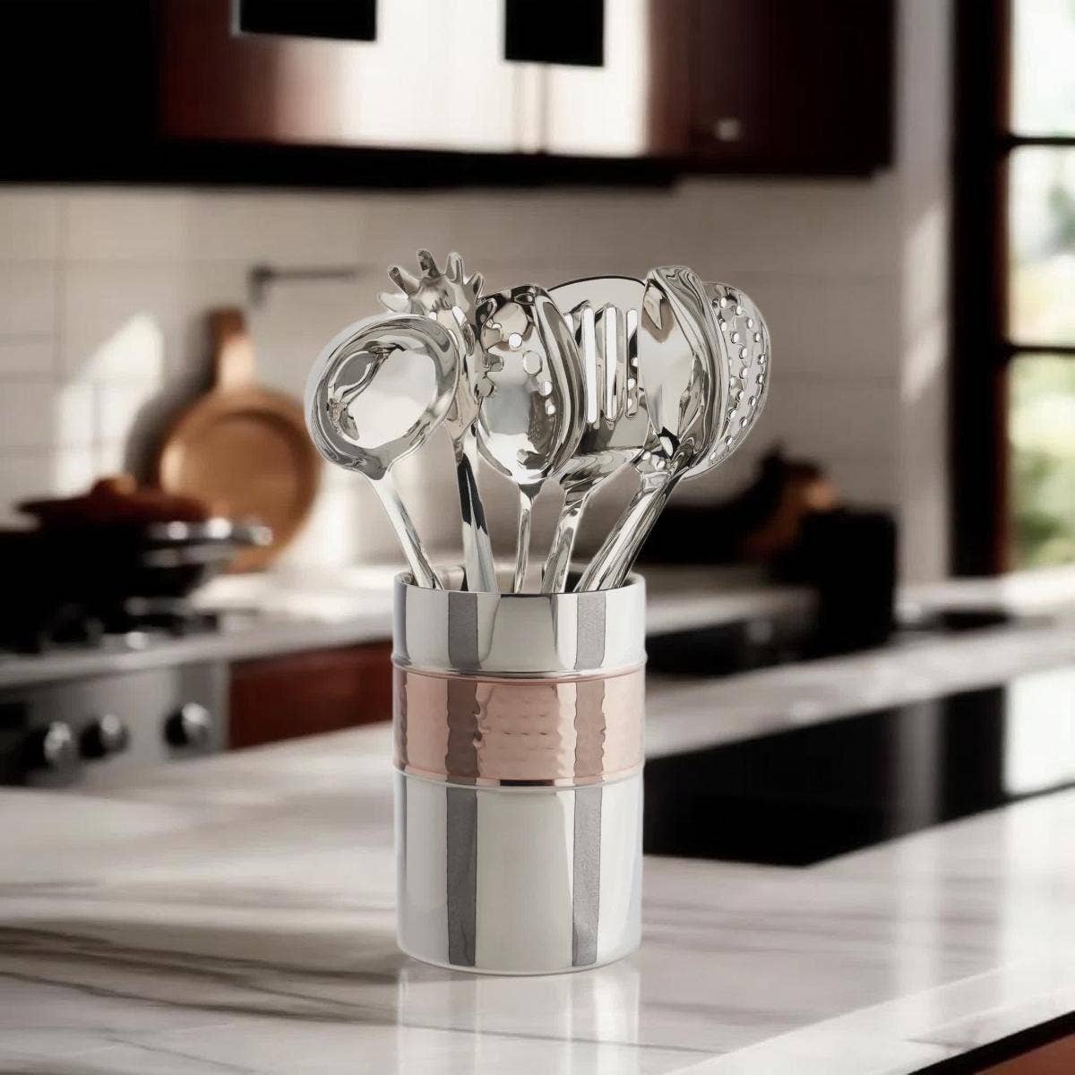 7-Piece Stainless Steel Hammered Utensil Set with Chic Caddy