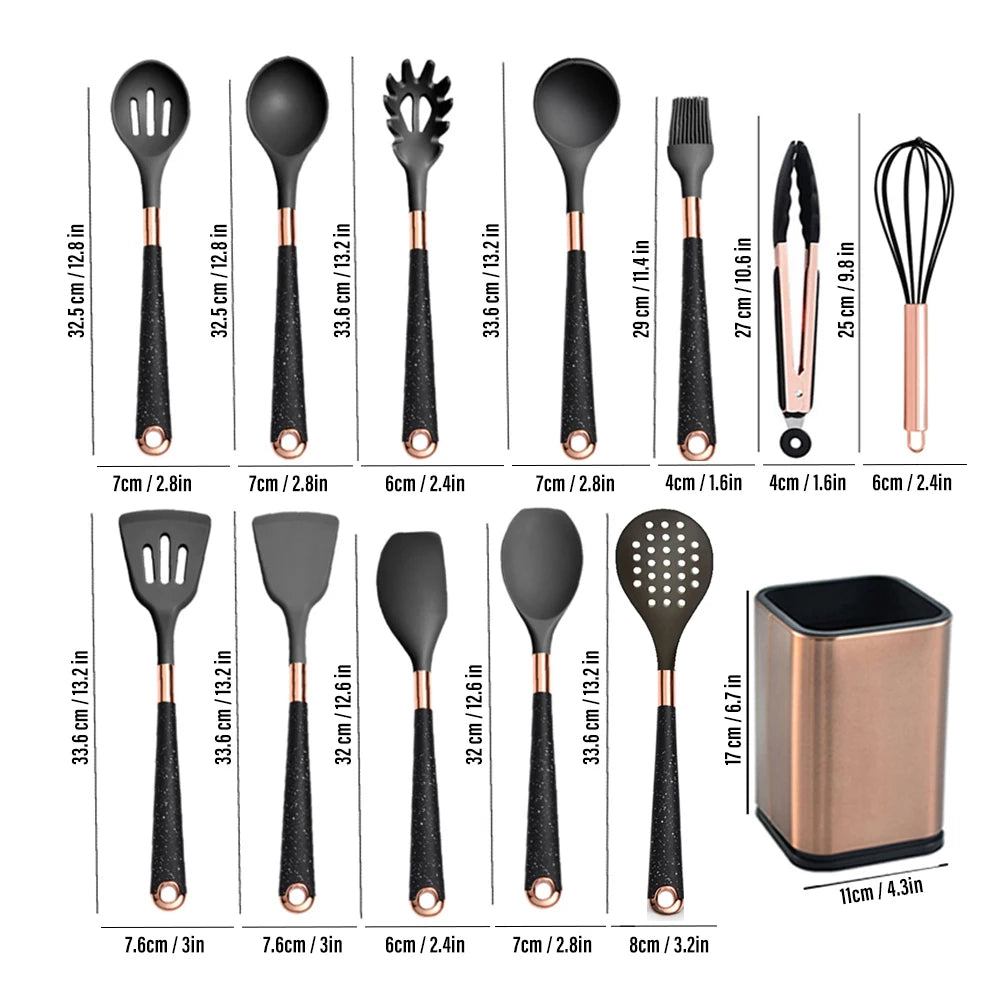 Silicone Cooking Utensils Set Kitchen Non-Stick Tool Gold Plated Handle Gadgets BPA FREE Kitchenware Heat Resistant Spatula Set