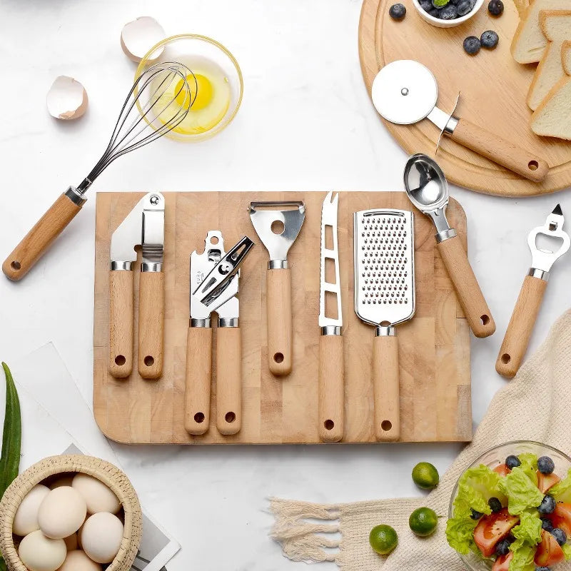 Cooking Utensils Set With Wooden Handle Can Opener Baking Set Cooking Tool Kitchenware Pizza Peeler Cheese Knife Kitchen Gadget