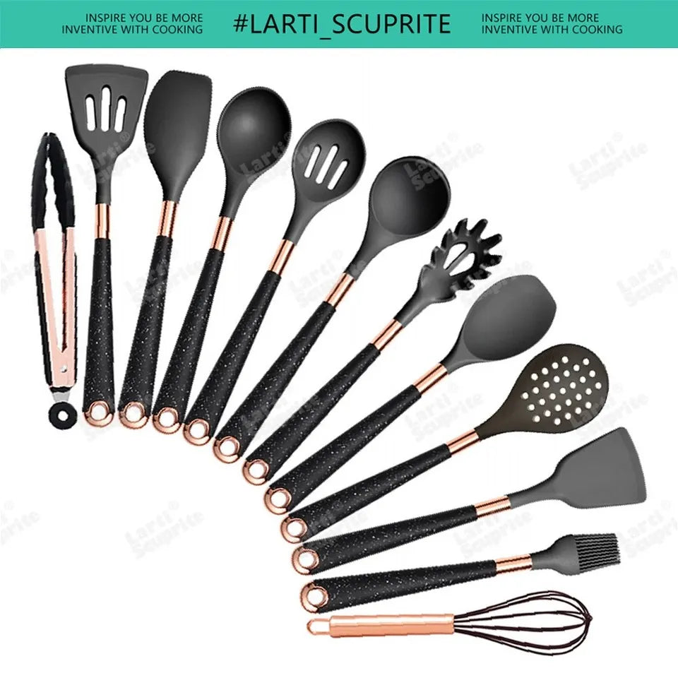 Silicone Cooking Utensils Set Kitchen Non-Stick Tool Gold Plated Handle Gadgets BPA FREE Kitchenware Heat Resistant Spatula Set