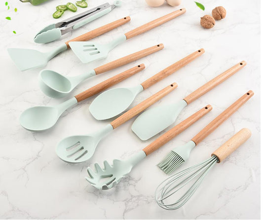 Wooden Handle Silicone Kitchenware Set Cooking Spoon Shovel Silicone